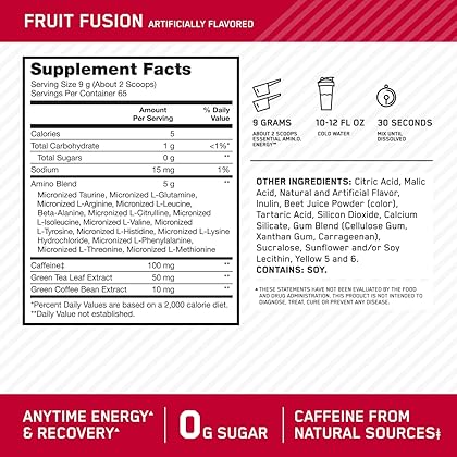 Optimum Nutrition Amino Energy - Pre Workout with Green Tea, BCAA, Amino Acids, Keto Friendly, Green Coffee Extract, Energy Powder - Fruit Fusion, 65 Servings (Packaging May Vary)