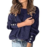 Chunky Sweater Women,Warm Sweaters for Women Button Knit Round Neck Pullover The Office Christmas Sweater