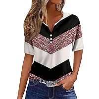 Women's Fashion Casual Color Block Splicing Printed V-Neck Short Sleeve Button Down T-Shirt,Summer Tops for Women