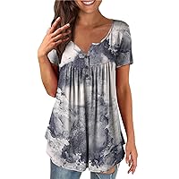 Women's Summer Printing Short Sleeve Tops Round Neck Button Down T Shirt Casual Loose Pleated Ties Blouses