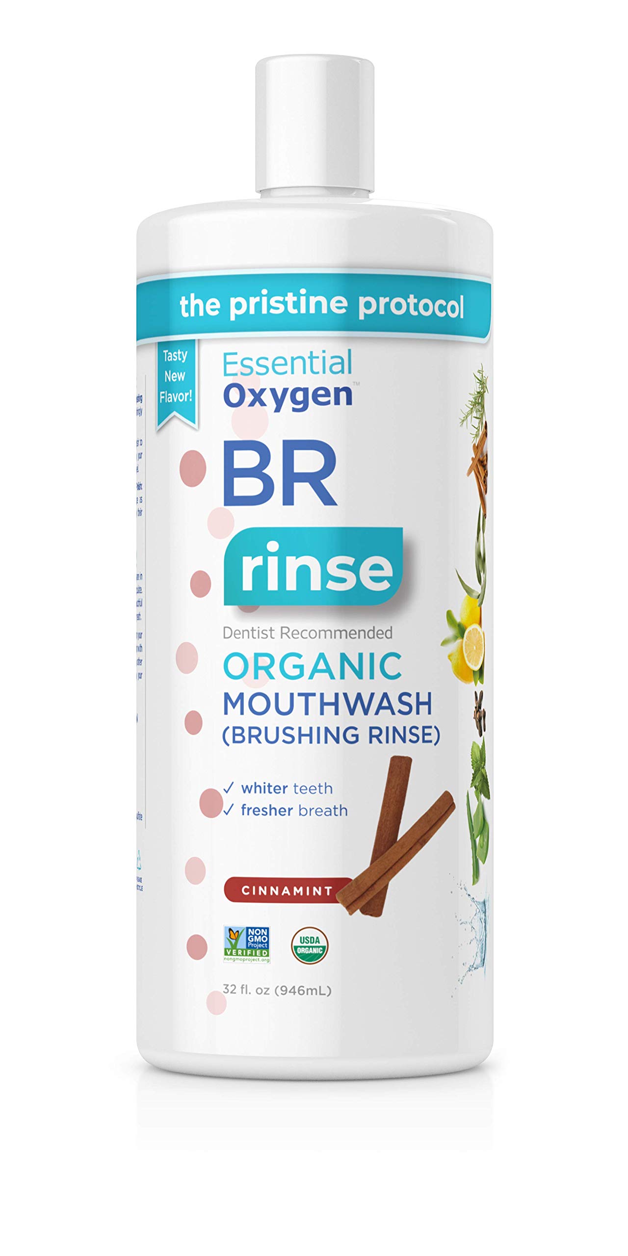 Essential Oxygen BR Certified Organic Brushing Rinse, Cinnamint, 32 Ounce (Pack of 1), All Natural Mouthwash for Whiter Teeth, Fresher Breath, and Happier Gums, Alcohol-Free Oral Care