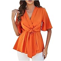 Womens 2024 Casual V Neck Button Batwing Sleeve Shirts Summer Tops Loose Fit Drawstring Elastic Tie Waist Tunic Blouse