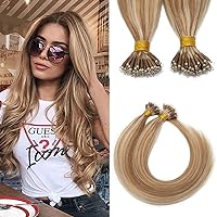 SEGO Nano Bead Ring Human Hair Extension Pre Bonded Nano Tip Remy Hair Extensions Micro Beads Rings Loop Hand Tied Hairpiece 16 Inch #12P613 Golden Brown & Bleach Blonde 1g/strand 50g/pack