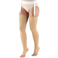 Truform 20-30 mmHg Compression Stockings for Men and Women, Thigh High Length, Open Toe, Beige, Small