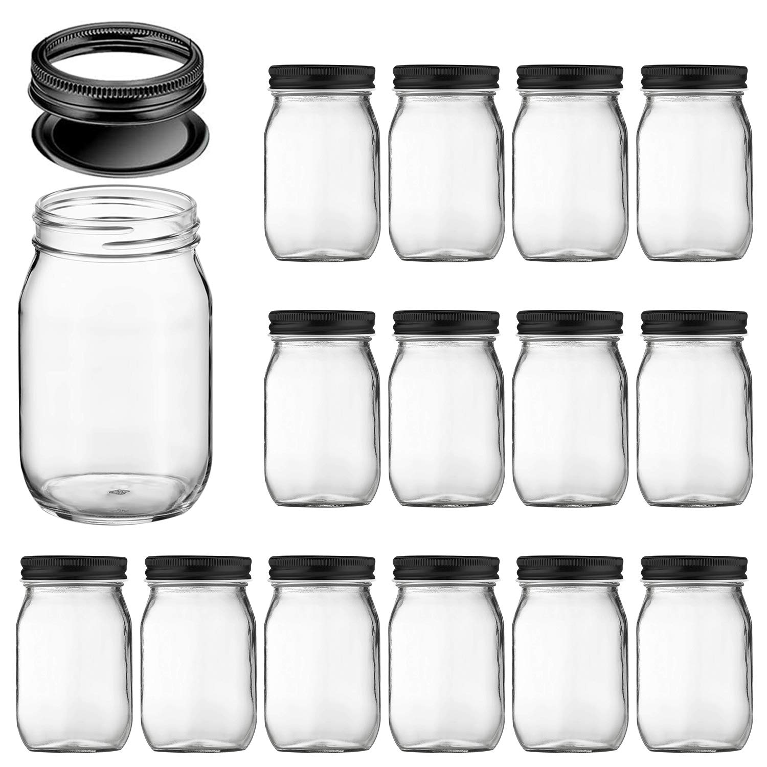 16oz Glass Jars With Airtight Lids And Bands,QAPPDA Canning Jars 16 oz With Lids,Wide Mouth Mason Jars Pickles Jars For Kitchen Canisters,Glass Sto...