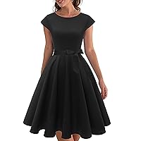 PUKAVT Women's 1950 Boatneck Cap Sleeve Vintage Swing Cocktail Party Dress with Pockets Black L