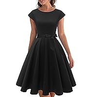 PUKAVT Women's 1950 Boatneck Cap Sleeve Vintage Swing Cocktail Party Dress with Pockets