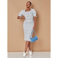 Women's Dress Dresses for Women Plaid Square Neck Ruffle Trim Split Back Tweed Dress (Color : Blue and White, Size : Medium)