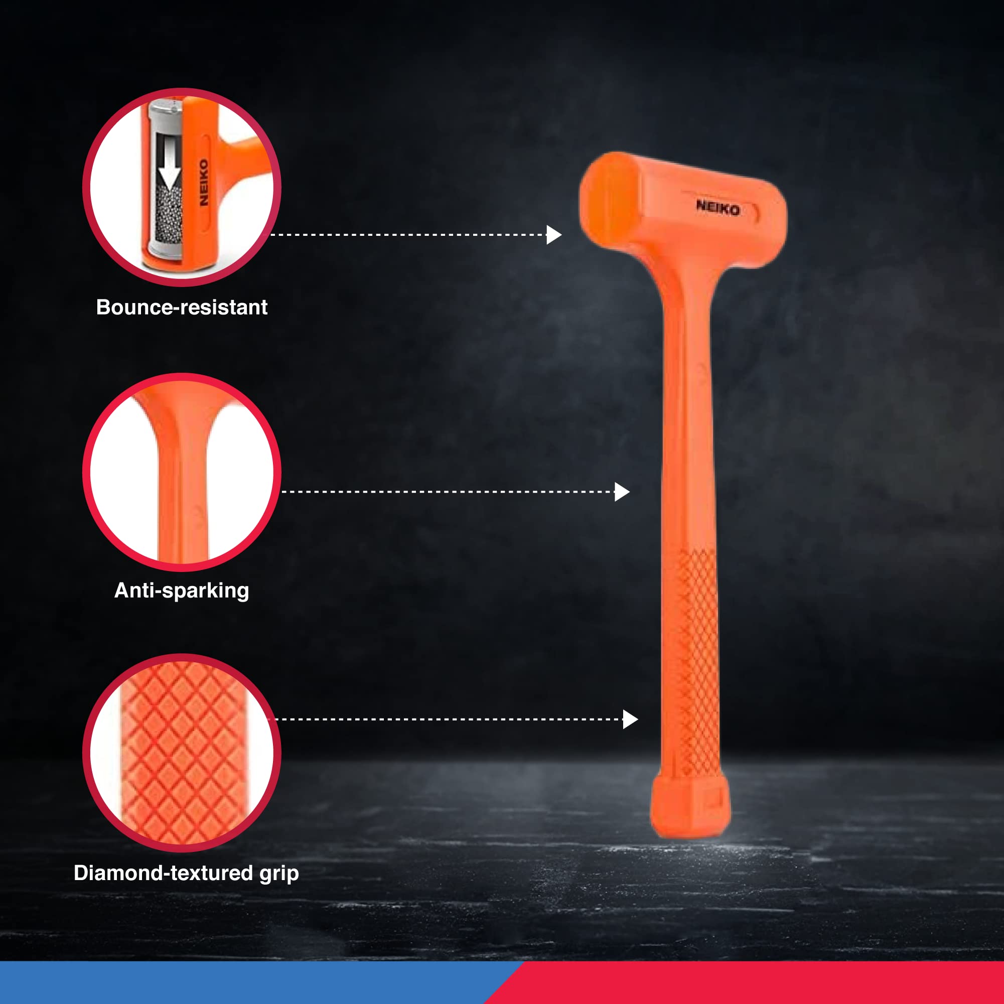 NEIKO 02849A 4 Lb Dead Blow Hammer, Neon Orange | Unibody Molded | Checkered Grip | Spark and Rebound Resistant