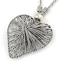 Oversized Wired Heart Pendant with Long Chunky Chain In Silver Tone - 80cm L/ 7cm Ext