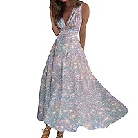 Womens Sundresses Summer Fashion Casual Swing A Line Maxi Dress Floral Print Sleeveless V Neck Long Dress