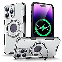 YEXIONGYAN-ShockproofCase for iPhone 15 Pro Max/15 Plus/15 Pro/15 Magnetic Ring Holder and Metal Kickstand Dustproof Lens and Screen Raised Edge Protection (15 Pro Max,Silver)
