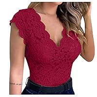 Women's Fashion Casual Sexy Slim Solid Lace V-Neck Blouse Short Sleeve Top Hot Tops for Women Maternity Workout, S-3XL