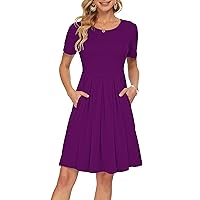 Womens Short Sleeve Mini Dresses Pleated Ruffle A Line with Button