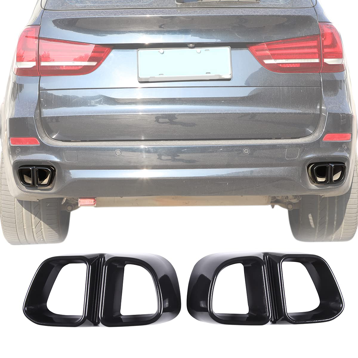 Aluminum Alloy Exterior Accessories Exhaust Muffler Tail Pipe Trim Cover For BMW X5 F15 X6 F16 2014-2019(Suitable For M Sports Version) (Bright Black)