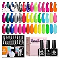 Beetles 20 Colors Gel Art Kit with 3Pcs Base Gel Glossy Top Coat and Nail Glue 11Pcs Mirror Effect Metal&Extension Set with 500Pcs Soft Gel Nail Tips Coffin Shape 2 In 1