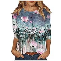 3/4 Length Sleeve Womens Tops Casual Summer Printed T-Shirt Crewneck Three Quarter Length Shirt Tees 2024 Blouse