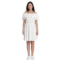 London Times Women's Off The Shoulder Ruffle Sleeve Dress with Elastic Waist