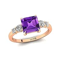 Women's Ring, Purple Amethyst 14kt Gemstone Birthsone Ring, 7MM PRINCESS Shape with 4 Diamond/Jewellery for Women