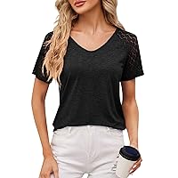 Summer Short Sleeve Tops for Women 2024,Women's Short Sleeve Tops Knitted Patchwork Lace Solid Color Spring Blouse Summer