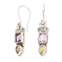 NOVICA Handmade .925 Sterling Silver Amethyst Citrine Dangle Earrings Floral from Bali Purple Yellow Indonesia Birthstone Balinese Traditional [1.9 in L x 0.4 in W x 0.2 in D] 'Colorful Roots'