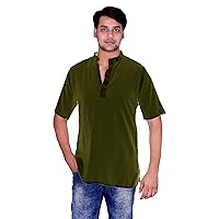 Indian 100% Cotton Men’s Shirt Solid Kurta Bottle Green Color Plus Size Short Sleeve