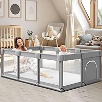 Baby Playpen with Gate, 74''x50'' Large Playpen for Babies and Toddlers, Indoor Active Center, Foldable Baby Playard Play Pen Fence, with Soft Breathable Mesh Grey, 74×50 in