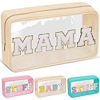 Chenille Letter Clear Makeup Bags Mama Pouch, Preppy Patch Makeup Bag with Zipper, Transparent PVC & Nylon Waterproof Portable Glitter Cosmetic Bag Travel Toiletry Storage for Women Girls(MAMA-Beige)