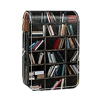 Bookshelf Lipstick Case Lipstick Box Holder with Mirror, Portable Travel Lip Gloss Pouch, Waterproof Leather Cosmetic Storage Kit for Purse