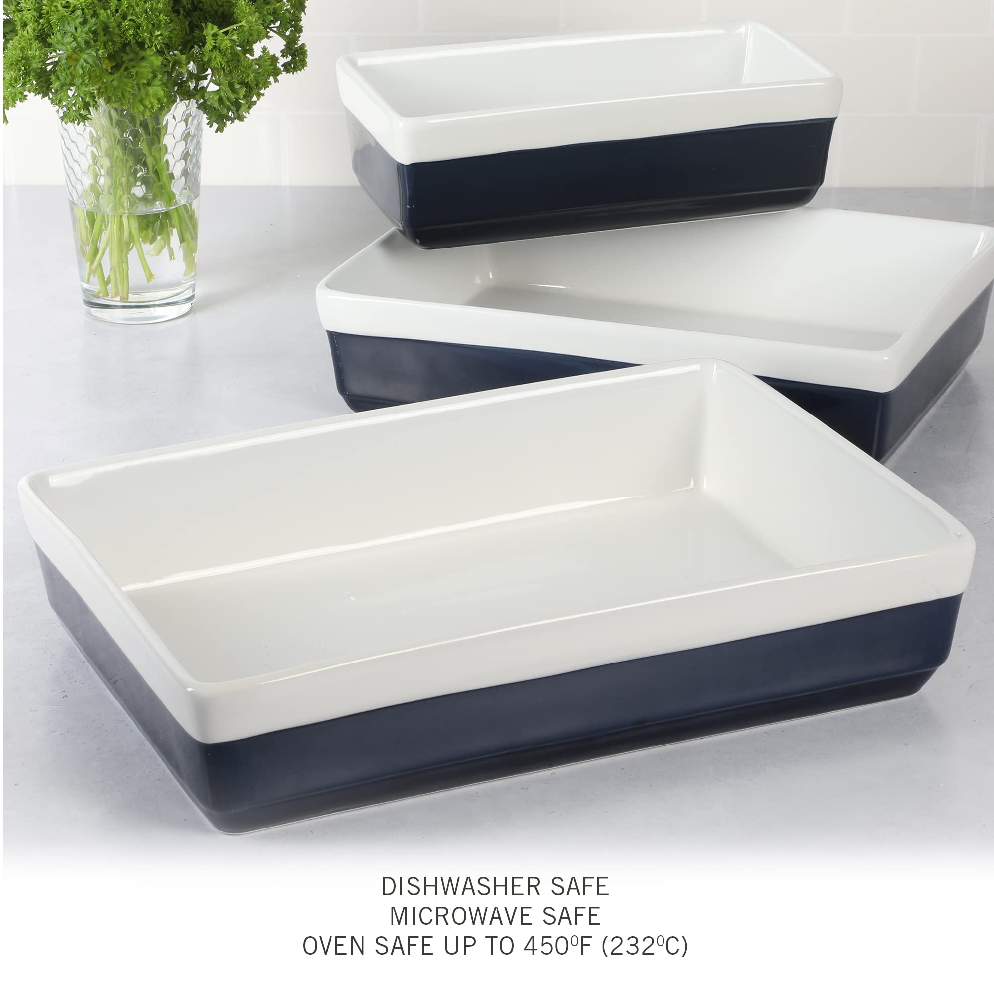 MARTHA STEWART 3 Piece Oven to Table Stoneware Bakeware, Baking Dish & Casserole Set Cobalt Blue