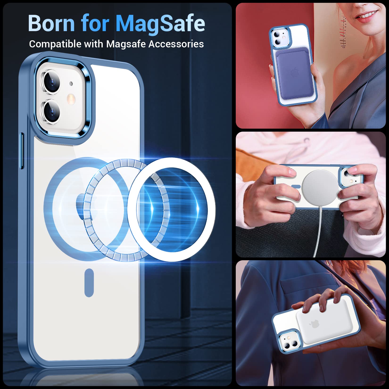 Temdan Magnetic Case for iPhone 12 Case & iPhone 12 Pro Case Clear,[Compatible with Magsafe 12 FT Shockproof ][2 Pcs Glass Screen Protector] [Not Yellowing] Slim Thin Phone Case Cover -Blue