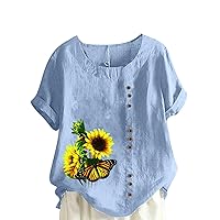 Sunflower Printed Cotton Linen Shirts Women Short Sleeve Oversized Blouses Dressy Casual Loose Crew Neck Summer Tops