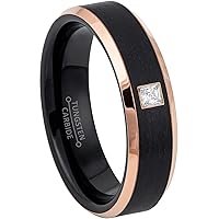 Jewelry Avalanche 0.05ctw Solitaire Princess Cut Diamond Tungsten Ring - 6MM Brushed 2-Tone Rose Gold Tungsten Carbide Wedding Band - April Birthstone Ring