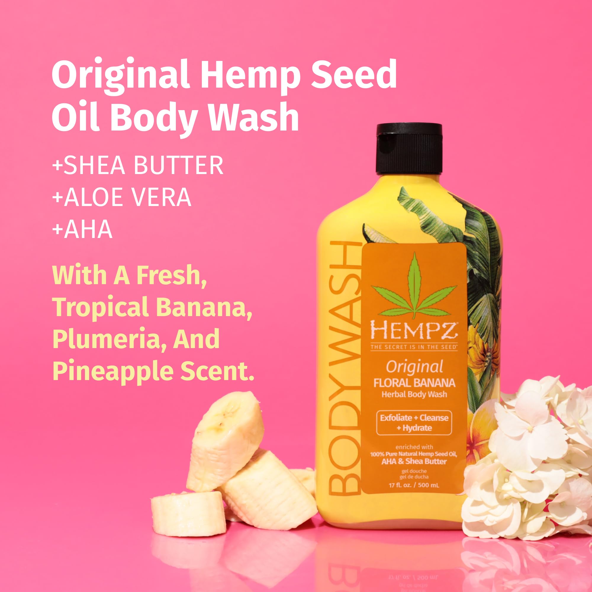 Hempz Body Wash - Original Floral & Banana - Hydrating for Sensitive Skin, Scented, Exfoliating with Shea Butter, Pure Hemp Seed Oil, and Algae for Sensitive Skin - 17 fl oz