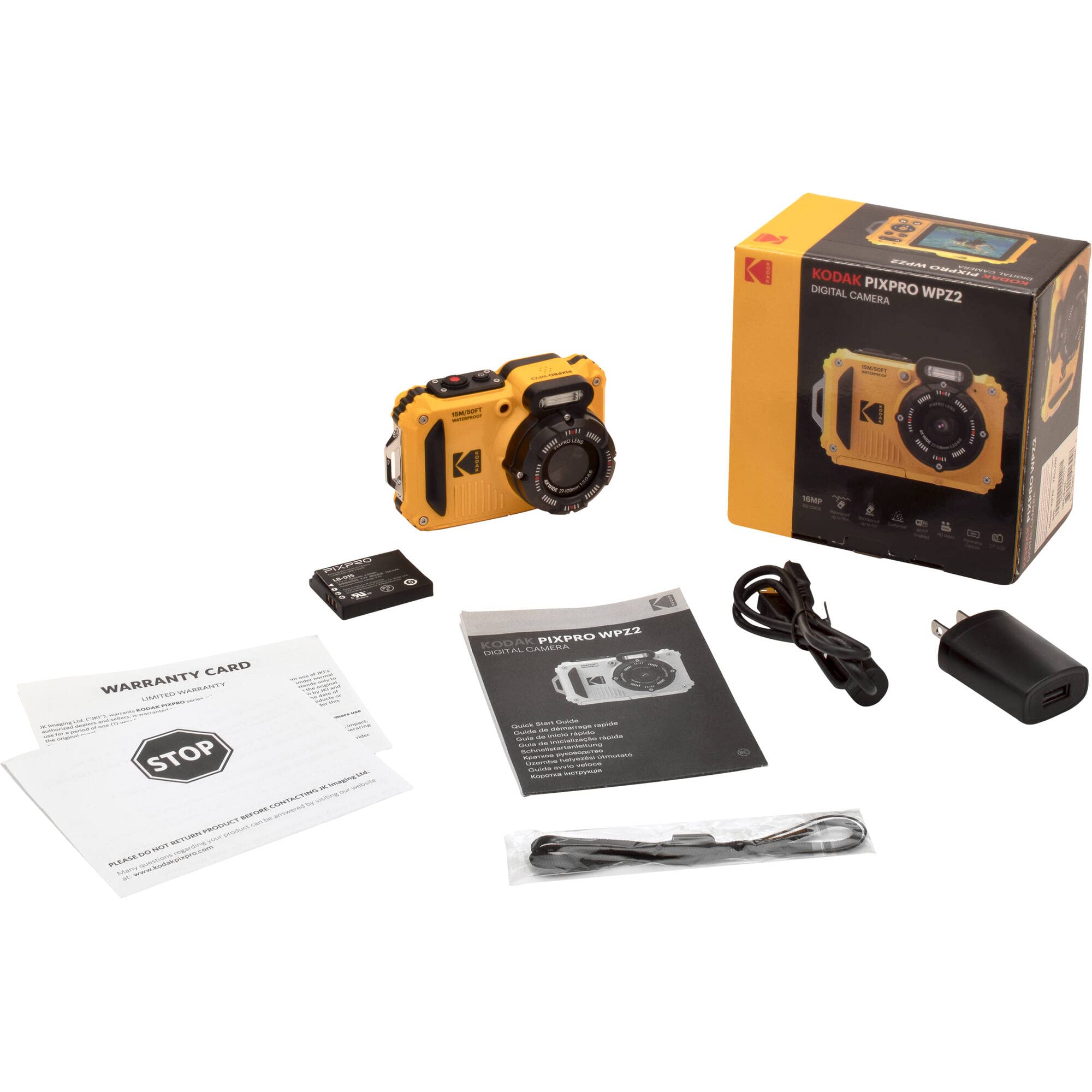 Kodak PIXPRO WPZ2 Digital Camera, 32GB microSDHC Card, Black Point & Shoot Case, Floating Wrist Strap for Underwater/Waterproof Cameras, Accessories (Yellow)