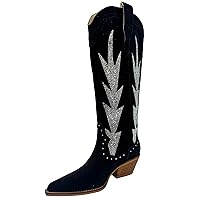 ARIDER GIRL Straddle Women's Crystal Rhinestone Embellished Knee High Leather Stacked Heel Pointed Toe Western Fashion Boots