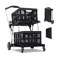 Folding Grocery Cart on Wheels - Portable Shopping Cart with Wheels Foladble 2 Tier Rolling Cart, Multi Use Functional Collapsible Carts with 2 Storage Crates