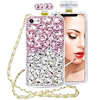 Victor for iPhone 14 15 Pro Max Plus Bling Glitter Phone Case,Perfume Bottle Design,Luxury Style,Fashion Rhinestone Cover with Crossbody Lanyard for Women (Pink, for iPhone 15)