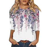 Women's T-Shirts, Women's Fashion Sunflower Flower Print 3/4 Sleeve Round Neck Top