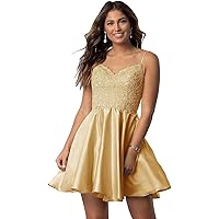 CWOAPO Teens Spaghetti Straps V Neck Homecoming Dresses Lace Appliques Short Satin Dress with Pockets for Prom Party