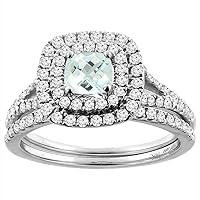 Sabrina Silver 14K White Gold Diamond Halo Natural Aquamarine 2pc Engagement Ring Set Cushion 6x6 mm, Sizes 5-10