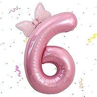 40 Inch Pink Number 6 Balloon & Mini Bow Balloon for Girl Birthday Party Decorations, 6th Birthday Party Decorations Pink Theme Party Balloons Decorations Supplies