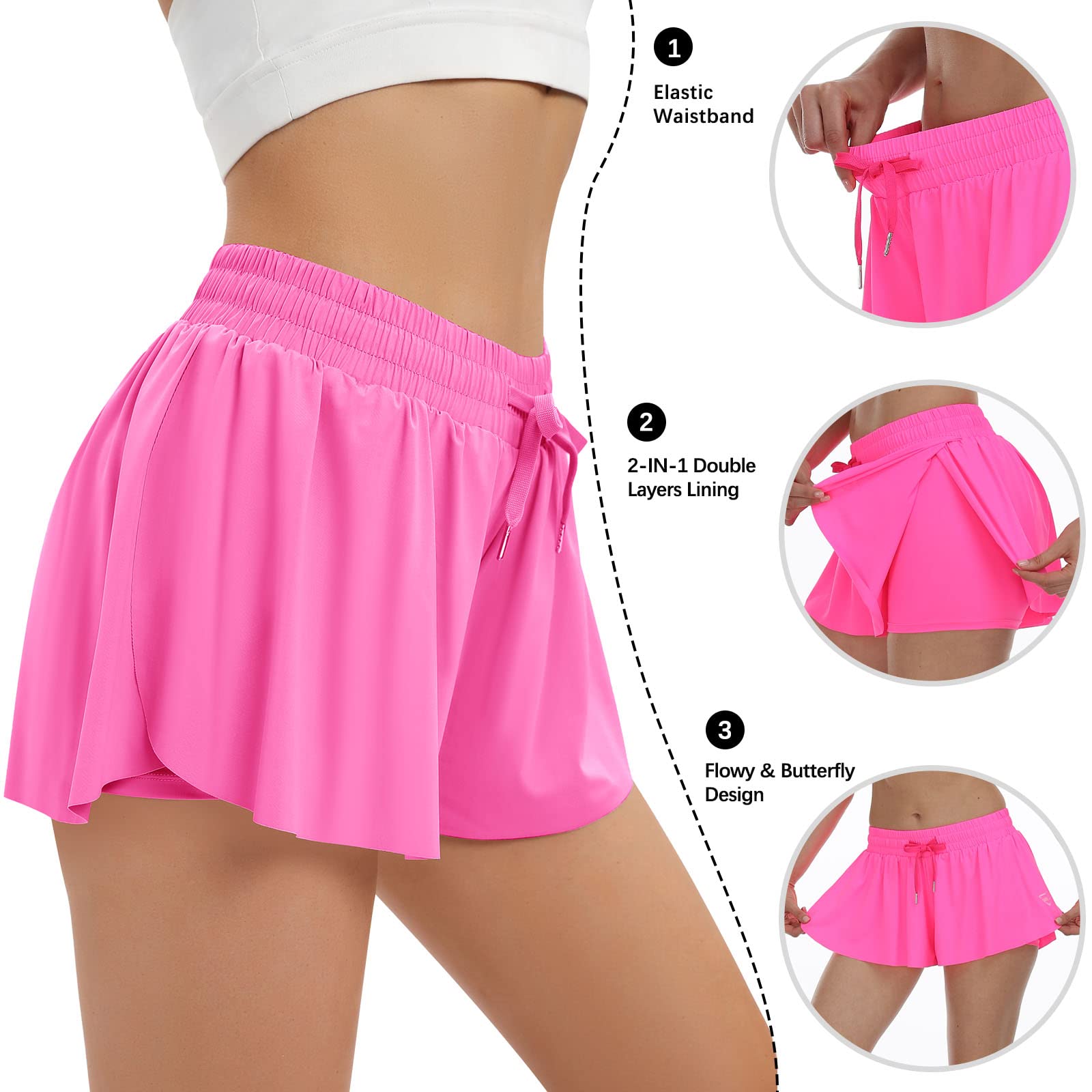 Womens 2 in 1 Flowy Athletic Shorts with Pocket Butterfly Running Workout Shorts Sweat Spandex Lounge Gym Yoga Summer Skirts
