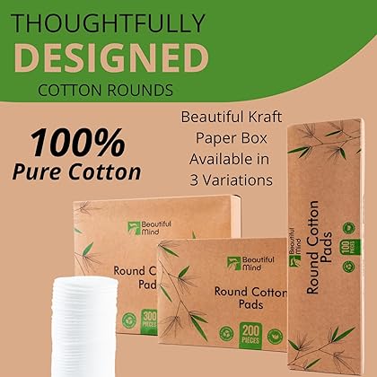 Beautiful Mind Cotton Rounds Makeup Remover Pads – Pack of 200 – Lint Free Eco-Friendly & Compostable – Use as Makeup Applicator, Nail Polish Remover, or Baby Care Pad – Kraft Box