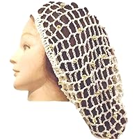 Hand Crocheted Ivory Rayon Cotton Gimp Large Snood with Gold Beads