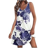 Women Vintage Floral Sleeveless Tank Dress 2024 Summer Vacation Sundress V Neck Tunic Mini Beach Dress with Pockets