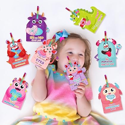 24 Pack Valentines Cards with Rainbow Pencil for Kids Monster Valentines Day Cards Pencils Valentine Cards Party Favor Toys for Girls Boys School Classroom Exchange Gifts Prizes Supplies