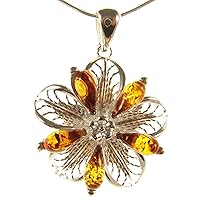 BALTIC AMBER AND STERLING SILVER 925 DESIGNER COGNAC FLOWER PENDANT JEWELLERY JEWELRY (NO CHAIN)