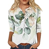 Womens 3/4 Length Sleeve Womens Tops Cozy Button Down Shirts Loose Fit Three Quarter Length Sleeve Blouse