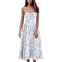 Women's Summer Dresses Fashionable Solid Color Floral Retro Court Style Dopamine Suspender Pocket Dress, S-XL